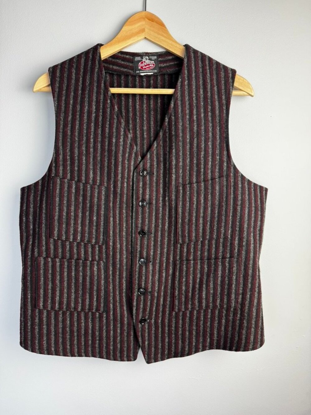 Johnson Woolen Mills Black Grey Striped Utility Work Retro Vest M